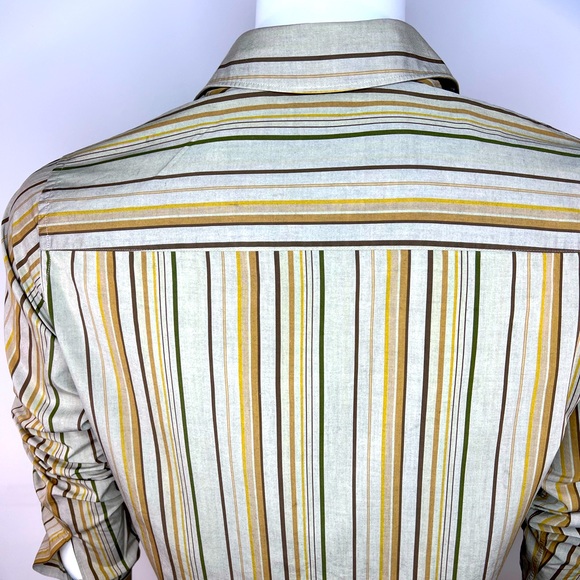 BOSS HUGO BOSS MENS LONG SLEEVES SIZE M, DARK TAN BASE WITH BROWN & GREEN LINES - Picture 3 of 15